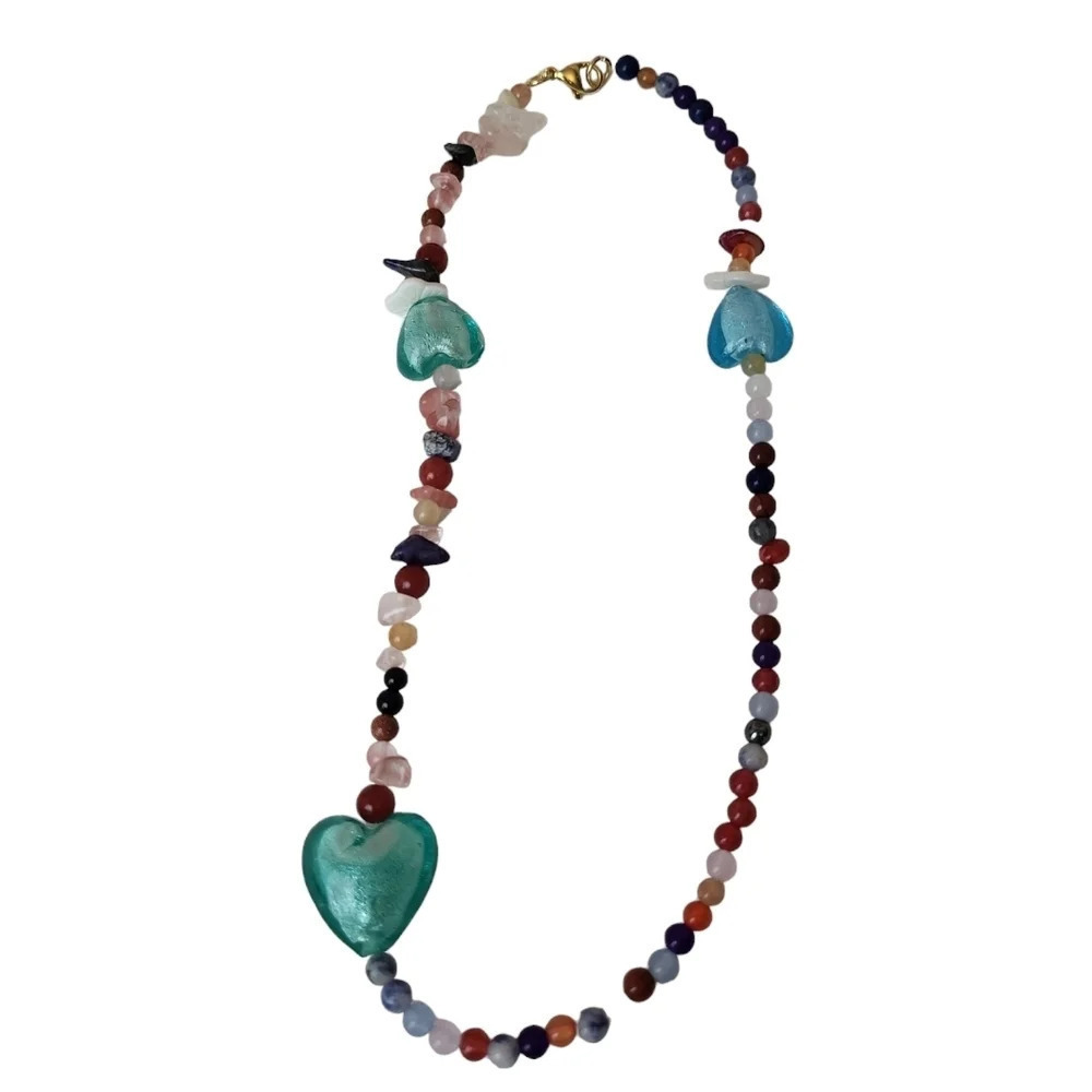 Mother of Pearl Foil Glass Hearts Lapis pink Quartz Hematite Ruby Jade Necklace